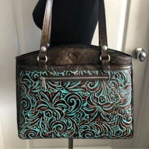 PATRICIA NASH Poppy Tooled Turquoise Leather Handbag Shoulder Tote Purse